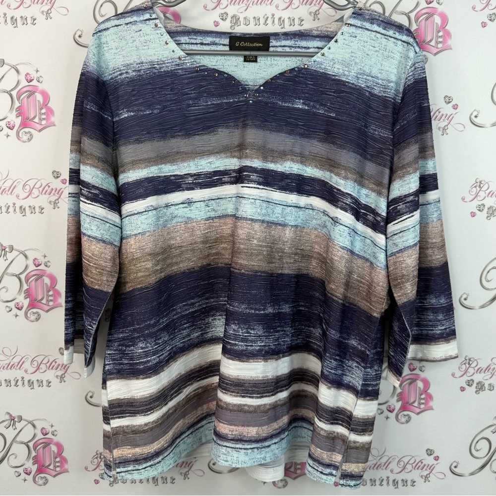 G collection shirt rhinestone crystal Blue and Brown Striped Women's Blouse